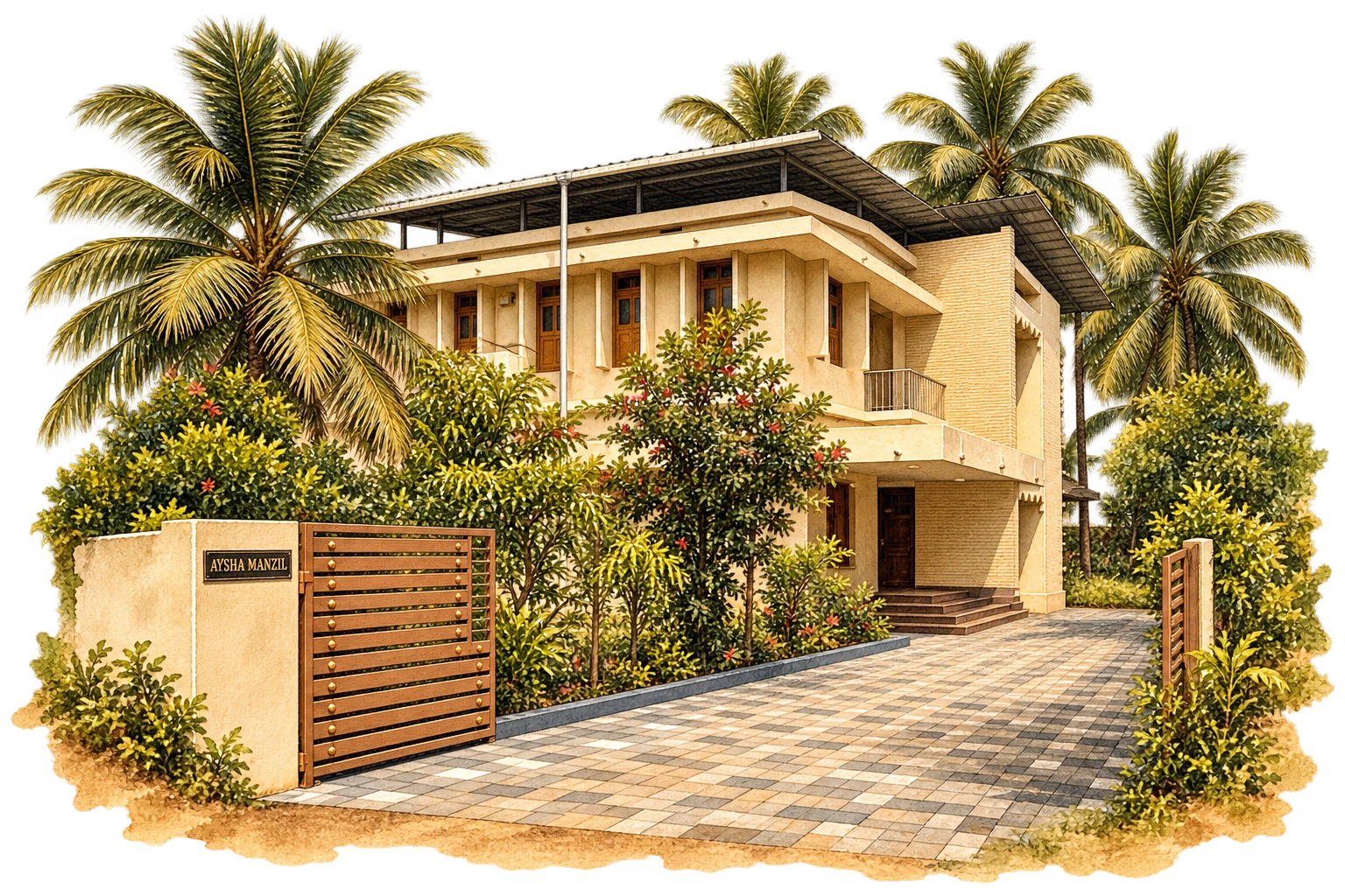 Watercolour illustration of Aysha Manzil, the family's cream two-storey home in Kavvayi, with its veranda, garden, coconut palms and open front gate